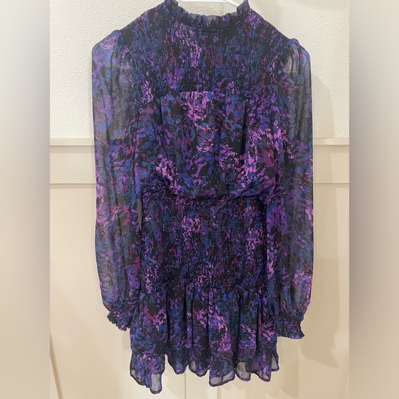 Aqua Purple Pattern Smocked Mini Dress Long Sleeves High Neck Size Small - Picture 1 of 13